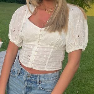 FOREVER 21 eyelet button up pearl top